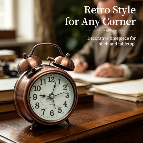 Loud Alarm Clock for Heavy Sleeper, Twin Bell Retro 3'' Silent Non-Ticking Mini Travel Quartz with Backlight, Luminous Dial, Battery Operated Mental Alarm Clock for Home Decoration Bedroom Bedside