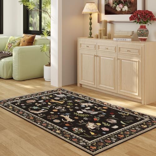 Rugcomf Area Rug 3x5 Washable Non Slip Floral Animal Cat, Black