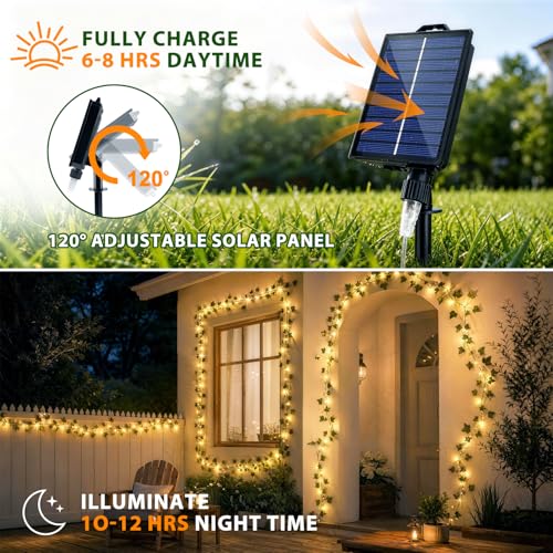 OMIKA 66FT 200LED Vine Fairy Lights Solar Powered, 19 Modes & Timer Ivy String Lights with Remote, Green Leaf Lights for Indoor Bedroom Classroom Office Wall Garden Party Wedding Decor (Warm White)