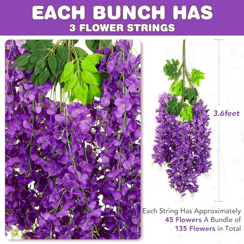 Alotiki Wisteria Hanging Flowers,12 Pack Fake Hanging Flowers,Wisteria Artificiales Garland for Home Wedding Arch Floral Party Garden Ceremony Outdoor Decor,3.6 Feet Long(12,Purple)