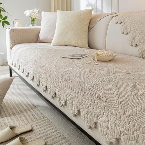 Cotton Quilted Dog Couch Cover for Sofa Farmhouse Rustic Embroidery Sectional Couch Cover Soft Anti-Slip Sofa Slipcover Furniture Protector for Kids, Pets (Khaki,28"x28")