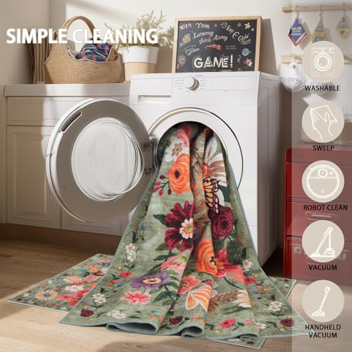 Green Floral Hallway Runner Rug 3x7 for Bedroom Kitchen