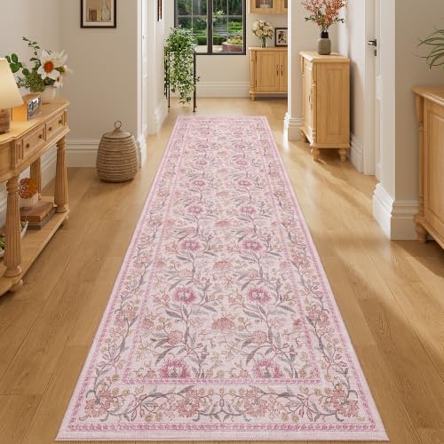 2.6x8 Runner Rug, Washable Vintage Floral Kitchen Runners Rug, Pink