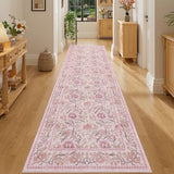 2.6x8 Runner Rug, Washable Vintage Floral Kitchen Runners Rug, Pink