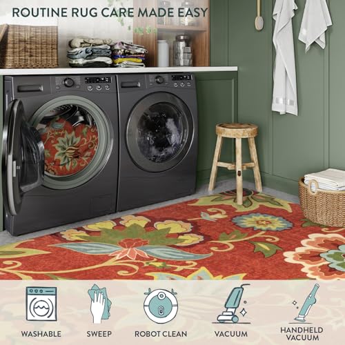 Lahome Floral Red 3x5 Area Rug, Washable Kitchen Fall Rugs Non-Slip ‎Stain Resistant Soft Throw Low-Pile Carpet for Bedroom, Christmas Paisley Print Floor Carpet for Living Room Entryway Office