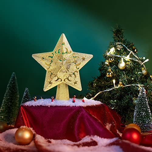 Christmas Tree Topper Projector, LED Star Tree Topper Lighted, Glitter Gold Star Topper Projector with Rotating Snowflake Projection for Indoor Christmas Tree Decor, Xmas Decorations