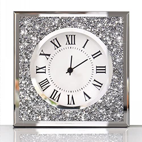Desk Small Clocks 8x8x2 Inch Crystal Sparkle Twinkle Bling Square Crushed Diamond Mirrored Table Top Decorative Clock for Home Decoration Silver Mirror Home Decor. AA Battery is not included.