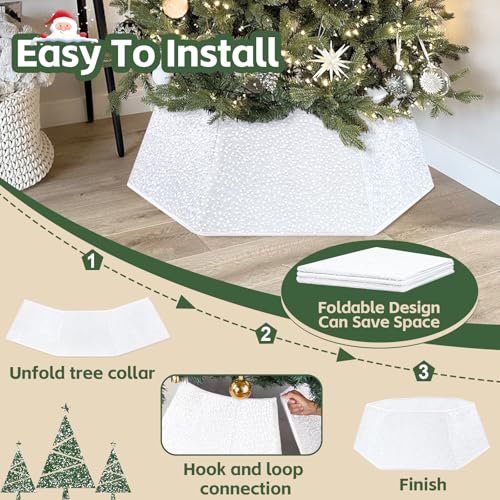 White Christmas Tree Collar for 9 ft Tree Foldable 31.49 Inch Sequin Christmas Tree Ring Velvet Tree Skirt Cover for Xmas Pencil Tree Holiday Decor