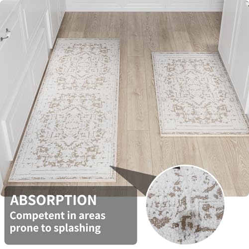 Vintage Runner Rug Non Slip for Hallway Bathroom Kitchen 2x10 ft, Ultra Soft Boho Carpet Runner with Low Pile Design Machine Washable Runner Rugs for Entryway Laundry Living Room Khaki, 2'x10'