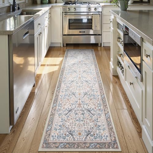 Boho Kitchen Runner Rugs Non Skid Washable, Floral Hallway Runner Rug 8 ft, Soft Flower Botanical Indoor Throw Carpet for Entry Entrance Bedroom Bedside Laundry Room, Beige