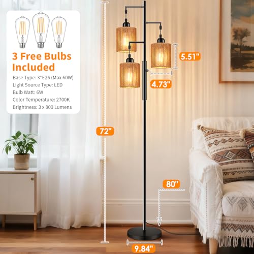 Hotsonic 72" Tall Boho Rattan Style Floor Lamp with Hand-Woven Paper Cord Shade, Dimmable Industrial Tree Standing Lamp for Living Room, Bedroom, Study Room, Office (3 x 800LM Bulbs Included) - Black