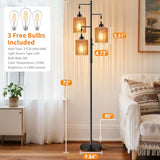 Hotsonic 72" Tall Boho Rattan Style Floor Lamp with Hand-Woven Paper Cord Shade, Dimmable Industrial Tree Standing Lamp for Living Room, Bedroom, Study Room, Office (3 x 800LM Bulbs Included) - Black
