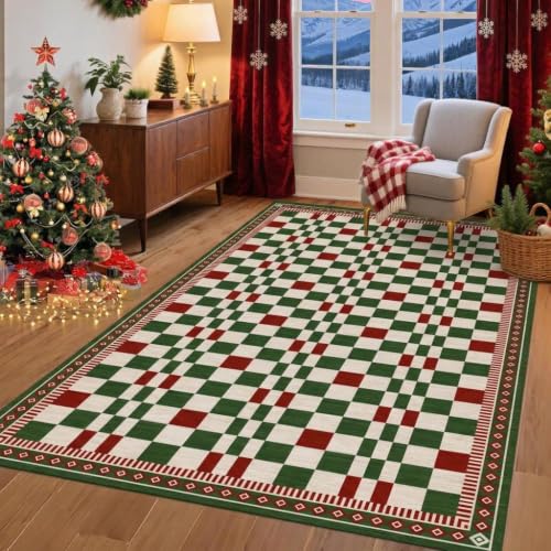 GarveeHome 3x5 Christmas Area Rug Checkered Bordered Throw Rug