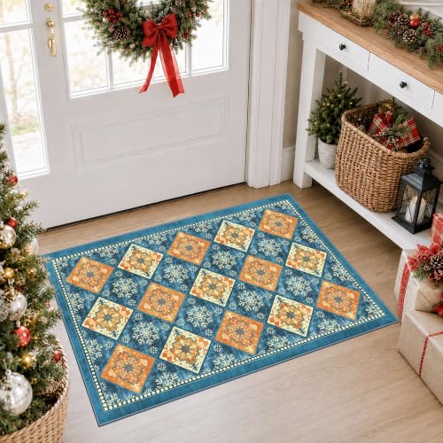 Blue Christmas Rug 2x3, Washable Rug for Entryway, Checkered