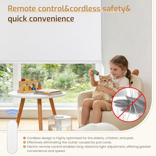 Grandekor Motorized Blinds with Remote Control, Blackout Roller Shade Electric Shades Cordless Smart Blinds for Bedroom Living Room Office,White,W34.5xH72