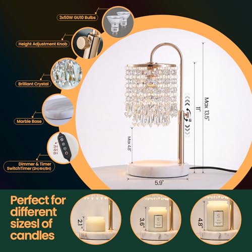 Candle Warmer Lamp with Timer Dimmer，2H/4H/8H Timer , Lamp Candle Warmer with Marble Base for Adjustable Height, Crystal Wax Melt Warmer for Jar Candles, House Warming Decor Gifts Mothers Day Gifts