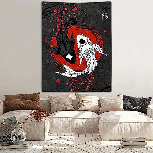 Sanzugh Japanese Yin Yang Koi Fish Tapestry, Cool Red and Black Anime Sakura Art Tapestries Vertical Wall Hanging for Men Bedroom Living Room Office Decor 40X60, Asian Cherry Blossoms Posters