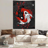 Sanzugh Japanese Yin Yang Koi Fish Tapestry, Cool Red and Black Anime Sakura Art Tapestries Vertical Wall Hanging for Men Bedroom Living Room Office Decor 40X60, Asian Cherry Blossoms Posters