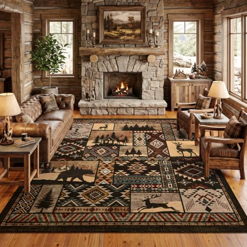 8x8 Square Cabin Area Rug,Western Rug for Living Room Bedroom,Brown