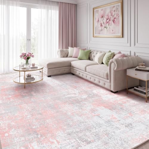 Fixwal Washable 9x12 Area Rug for Living Room, Non-Slip, Gray/Pink