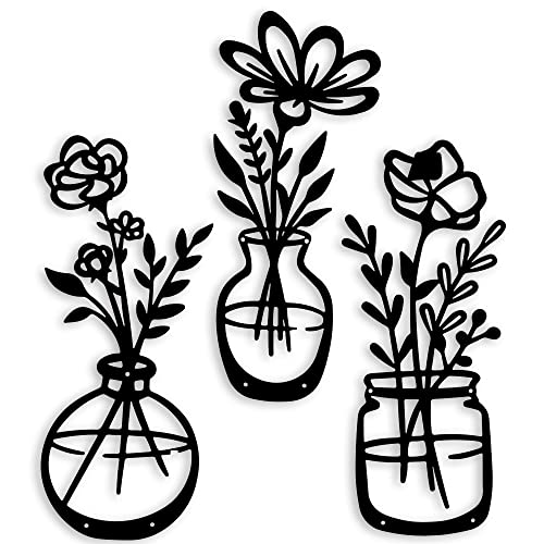 qzmaikoo 3 Pieces Black Metal Flower Wall Decor, Floral Vase Wall Art, Farmhouse Metal Wall Hanging for Bathroom Kitchen Bedroom Hallway