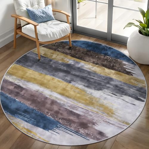 Washable 4ft Round Rug, Modern Abstract Rugs for Living Room Yellow