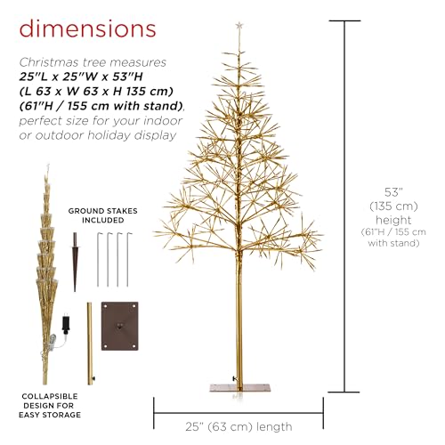 Alpine Corporation 53" H Indoor Outdoor Festive Artificial Christmas Tree with Warm White LED Lights, Gold