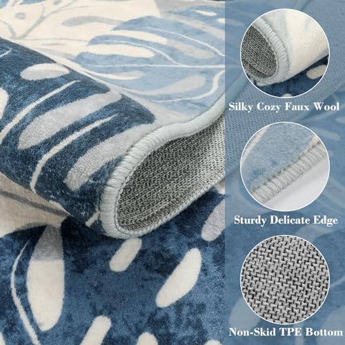Wonnitar Leaf 2x3 Kitchen Rug, Small Bathroom Blue Rug, Washable Bedside Accent Mat, Monstera Plant Coastal Non-Shedding Soft Entryway Floor Carpet for Laundry Room Entrance Bath