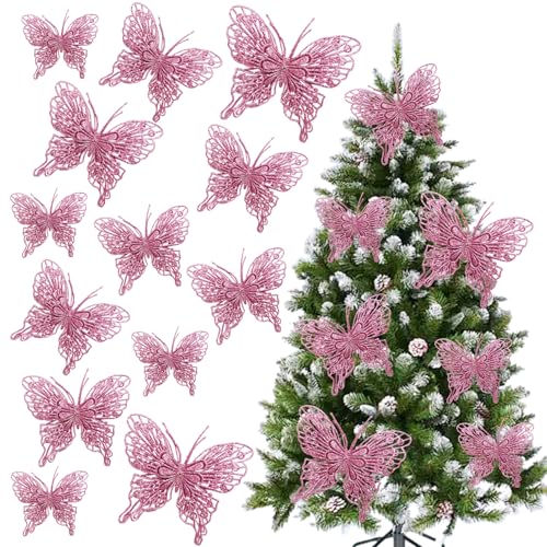 Christmas Tree Butterfly Ornaments Pink Glitter Butterfly Decorations Artificial Butterflies with Clip & Stem for Xmas Party Wreath Garland Decor - 12-Pack 5inch 3D Hollow Butterflies