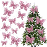 Christmas Tree Butterfly Ornaments Pink Glitter Butterfly Decorations Artificial Butterflies with Clip & Stem for Xmas Party Wreath Garland Decor - 12-Pack 5inch 3D Hollow Butterflies