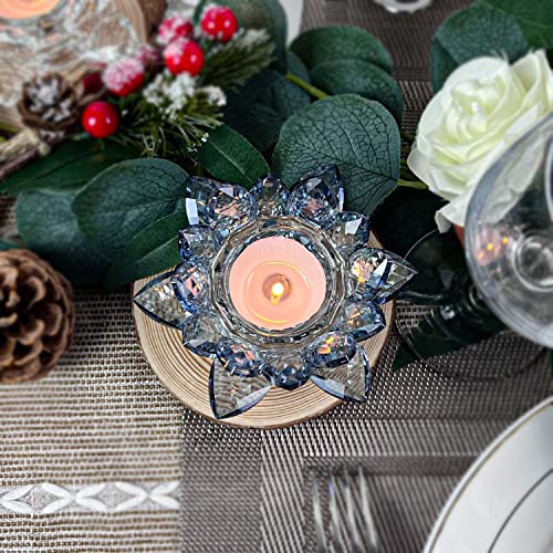 Crystal Lotus Flower Tealight Candle Holders/Glass Tea Light Candlestick Decor Decoration for Christmas Home Wedding Party… (Blue 1pc)