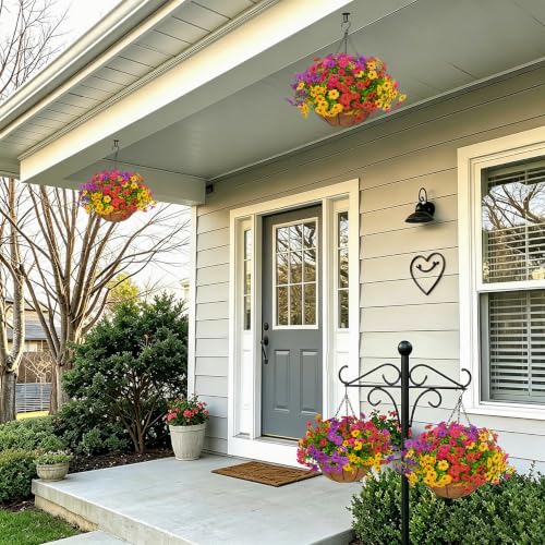 2 Set Artificial Outdoor Flowers with Hanging Basket for Garden Porch Patio Balcony Yard Home Decoration
