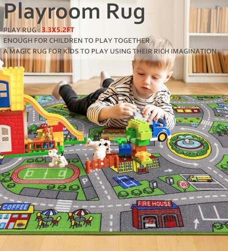 Kids Rug 3'3" x 5'2" City Life Playmat Area Rug Car City Map Washable Traffic Road Educational Learning Nursery Rug Carpet for Children Playroom Living Room Bedroom Classroom Decor Green