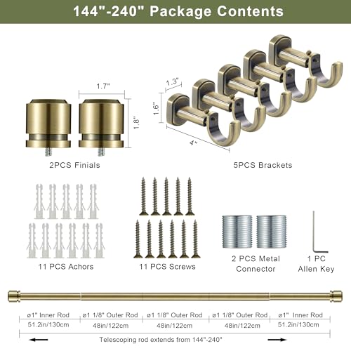 1 1/8 Inch Diameter Curtain Rods 144 to 240 Inches(12-20ft), Telescoping Heavy Duty Large Drapery Rod with Adjustable Aluminum Alloy Bracket, Solid End Caps for Windows Decoration, Antique Bronze