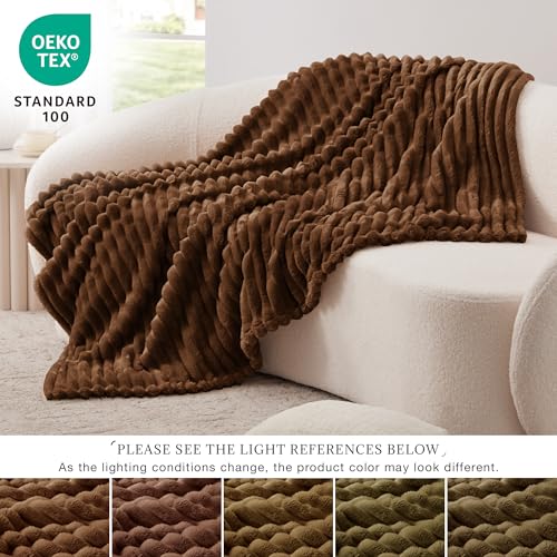 EXQ Home Fleece Throw Blanket for Couch or Bed - 3D Stripe Jacquard Decorative Blankets - 280GSM Cozy Soft Lightweight Fuzzy Flannel Blanket Suitable for All Seasons(50"×60",Brown)