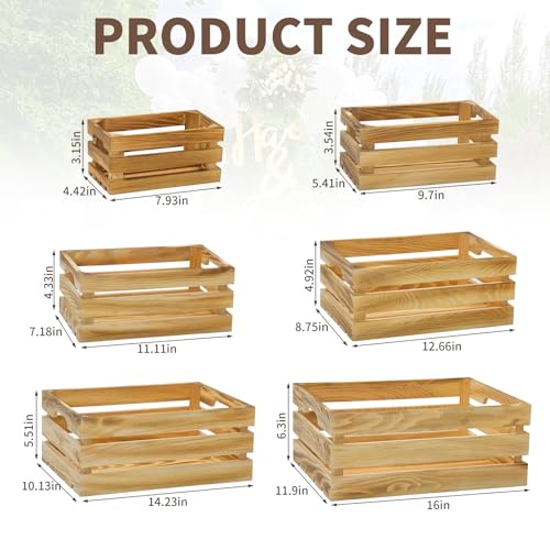 Extra Large 6 Pcs Decorative Wood Crates for Display, Farmhouse Wooden Basket for Storage Container and Decorations, Rustic Nesting Crates Decor Boxes with Handle