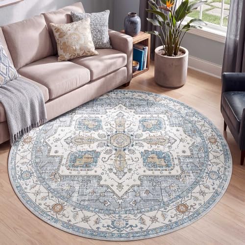 jinchan 6ft Round Rug Vintage Medallion Washable Area Rug, Blue/Gray