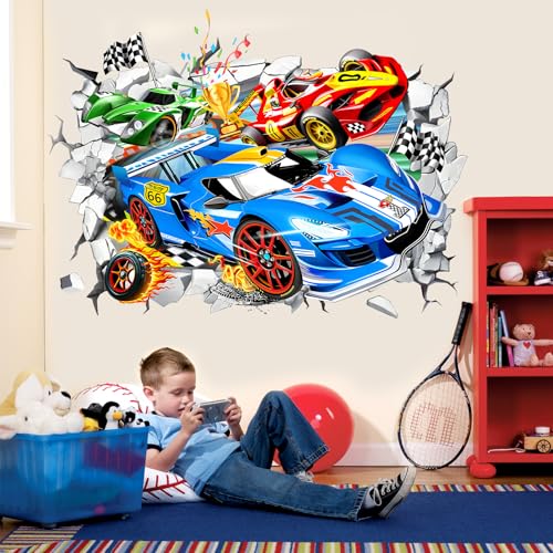wondever Large 3D Racing Car Wall Stickers Vehicles Break Through Peel and Stick Wall Art Decals for Boys Room Kids Bedroom Playroom