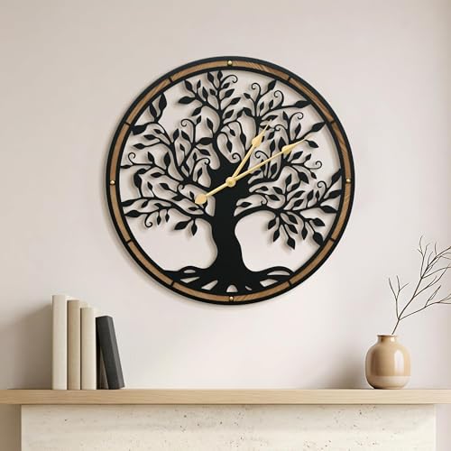 Micasso Farmhouse Large Wall Clock: 24 Inch Rustic Tree of Life Metal with Wood Frame - Battery Operated Wall Clocks for Living Room/Office/Bedroom - Home Decor for Fashion-Conscious