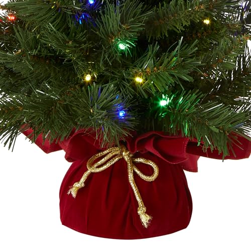 National Tree Company 24 in Pre-Lit Majestic Fir Artificial Christmas Tree, 35 Multicolor Lights, 71 Tips, Timer, Red Cloth Base, Green