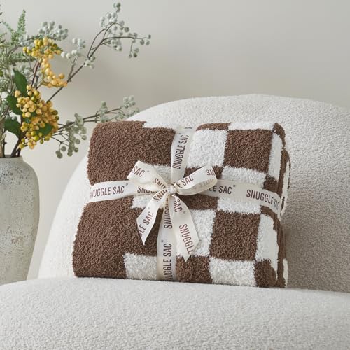 Snuggle Sac Checkered Throw Blanket for Couch, Super Soft, Cozy Warm Knit Blankets, Reversible Plaid Fluffy Throws for Sofa, Bed, Checkered Brown, 50x60 Inches