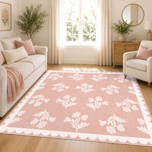 Pink Square Rugs 5ft - Soft Washable Boho Floral Girls Bedroom Rug
