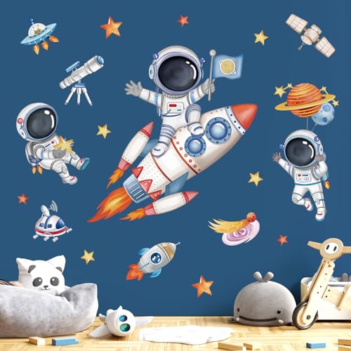 wondever Rocket Astronaut Wall Stickers Universe Space Planet Outer Space Peel and Stick Wall Art Decals for Baby Nursery Kids Bedroom Playroom