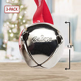 Bevin Bells Believe Sleigh Bells Ornament (3-Pack) | 1.5" Made of Steel | Hanging Bells with a Red Satin Believe Ribbon & Red Velvet Bag | Great Tone | Xmas Gift or Stocking Stuffer | Made in USA