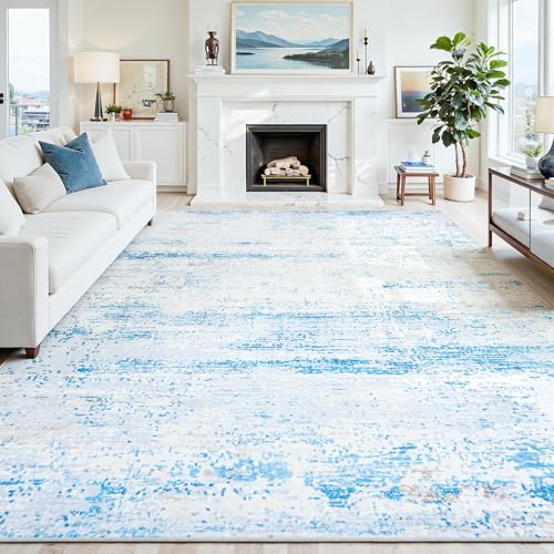 9x12 Washable Area Rug for Living Room Bedroom: Non-Slip Modern Light Blue