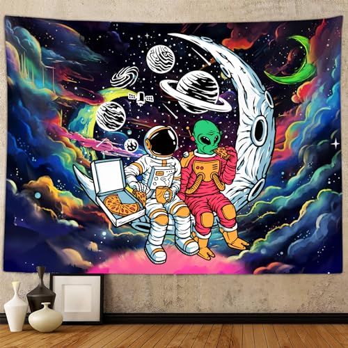 Sanzugh Funny Space Astronaut Alien Tapestry for Men Guys Bedroom, Cool Trippy Universe Planet Art Tapestries Wall Hanging College Dorm Boys Room Decor 60"X40", Psychedelic Blacklight Galaxy Poster