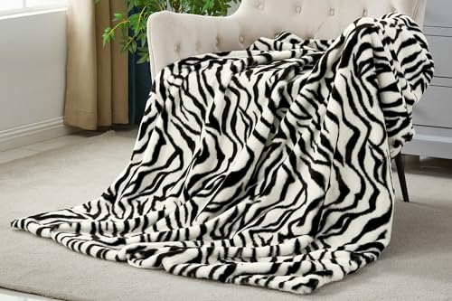JONIYEAR Soft Fluffy Zebra Print Faux Rabbit Fur Throw Blanket 50" x 60", Luxury Cozy Shaggy Fuzzy Blankets, Reversible Cute Warm Animal Printed Blanket for Women Winter,Washable,Cream White and Black
