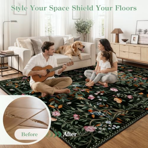 Black Boho 8x10 Area Rugs for Living Room, Washable Large Floral Rug Non Slip, Soft Flower Birds Low-Pile Floor Indoor Throw Carpet for Bedroom Dining Room Dorm Playroom Foyer