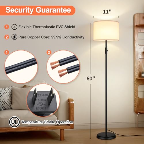 【Upgraded】 Dimmable Floor Lamp for Living Room,1000 Lumens Bulb Included, Modern Floor Lamps Simple Design with Linen Shade, Tall Standing Lamp for Bedroom Office Dining Room, Black Pole Lamp
