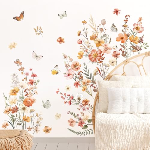 decalmile Boho Flower Wall Decals Garden Floral Butterflies Wildflower Wall Stickers Girls Bedroom Living Room Baby Nursery Wall Decor